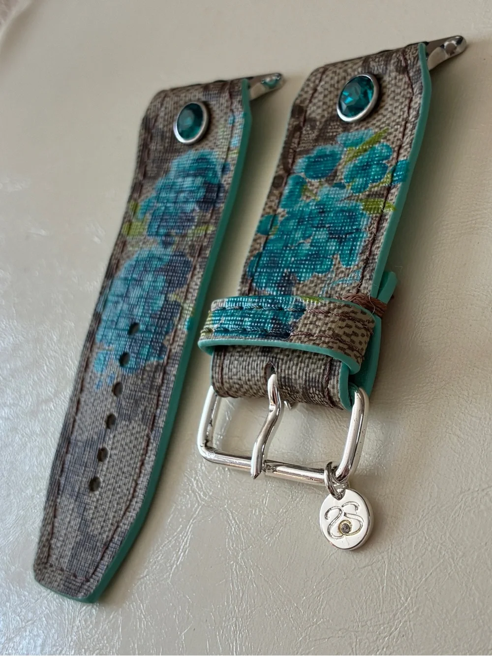 Spark*l “Audrey Blooms” on Authentic Upcycled Brown Webbed GG Apple Watch Band